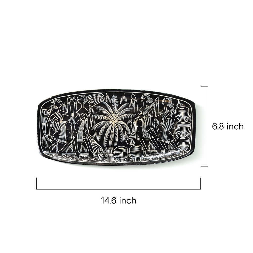 Handcrafted Pattachitra Art Decorative Tray - Black & White Folk Scene