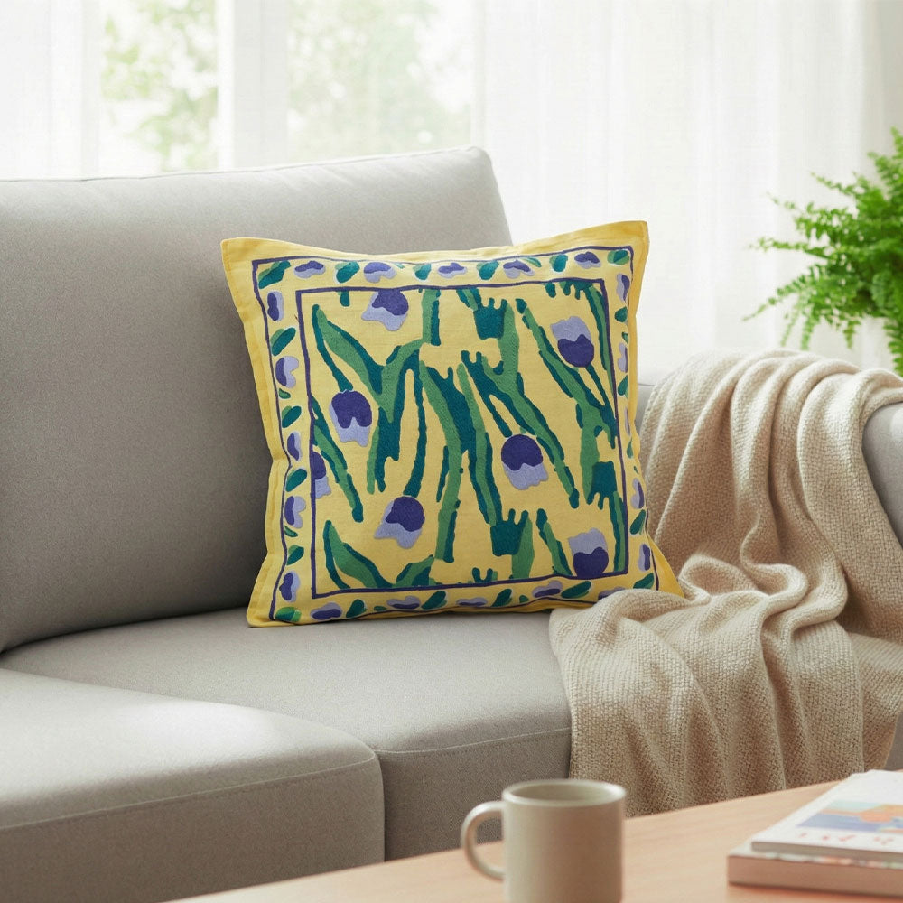 Lemon & Indigo Tulip Block Print Cushion Cover Set of 2 - Madhues
