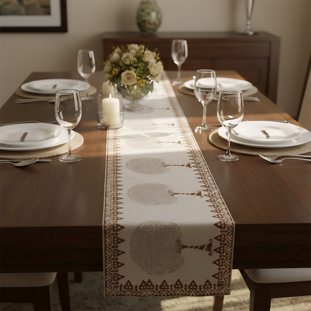 Artisan Block Printed Tree Design Table Runner - White & Brown
