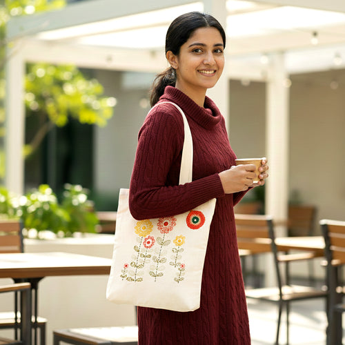 Woman holding a cup and a tote bag with floral design outdoors