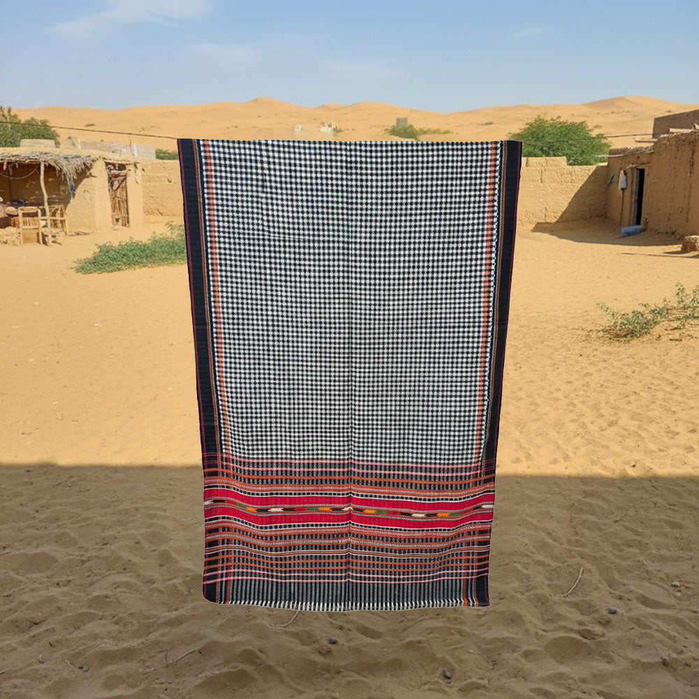 Monochrome Check & Vibrant Red Heritage Pattu Shawl