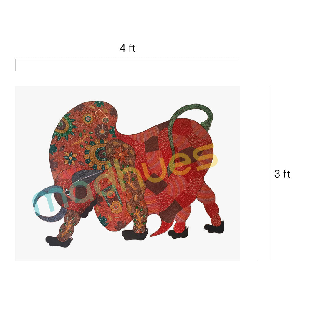 Handmade Gond Tribal Bull Painting on Paper
