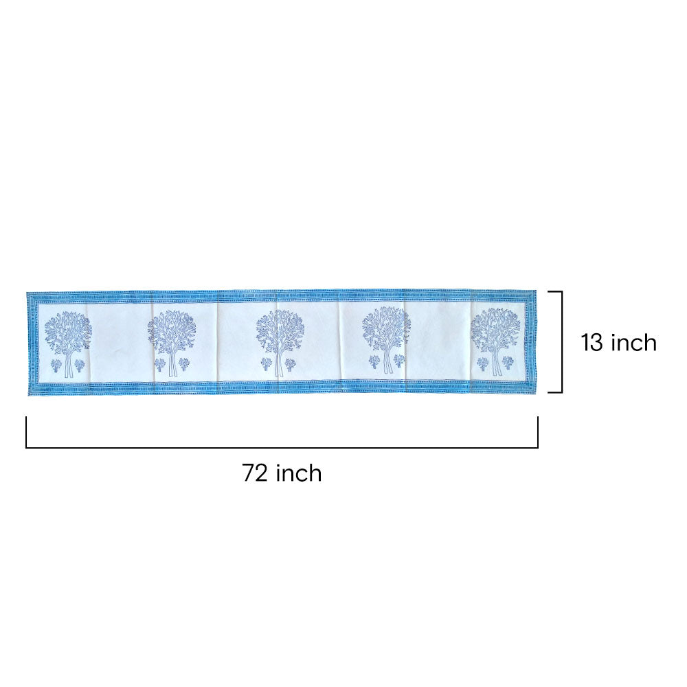 Indigo & White Tree Motif Bagru Block Print Cotton Table Runner - Madhues