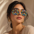 Artistic Mosaic Round Sunglasses with Gold Metal Frames