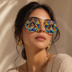 Artistic Mosaic Round Sunglasses with Gold Metal Frames
