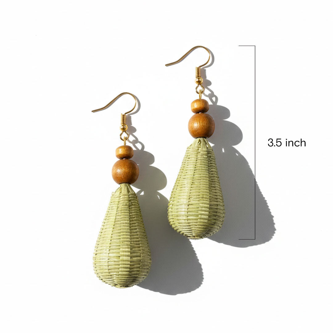 Sage Green Woven Teardrop Earrings with Wood Beads