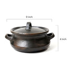 Black ceramic pot with lid and dimensions on a white background