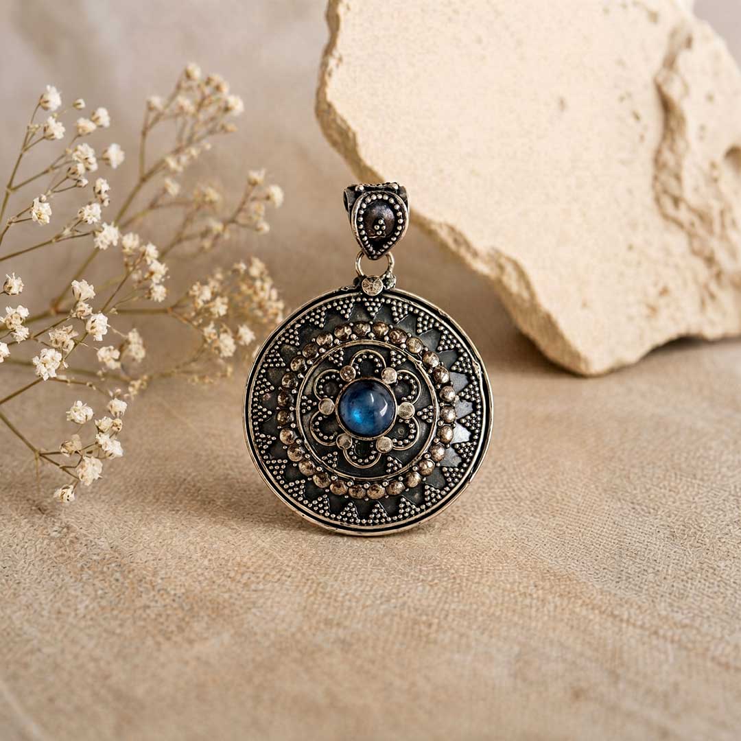 Handmade Ornate Mandala Pendant with Central Blue Gemstone