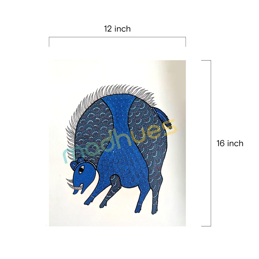 Blue Wild Boar Gond Art Painting on Paper