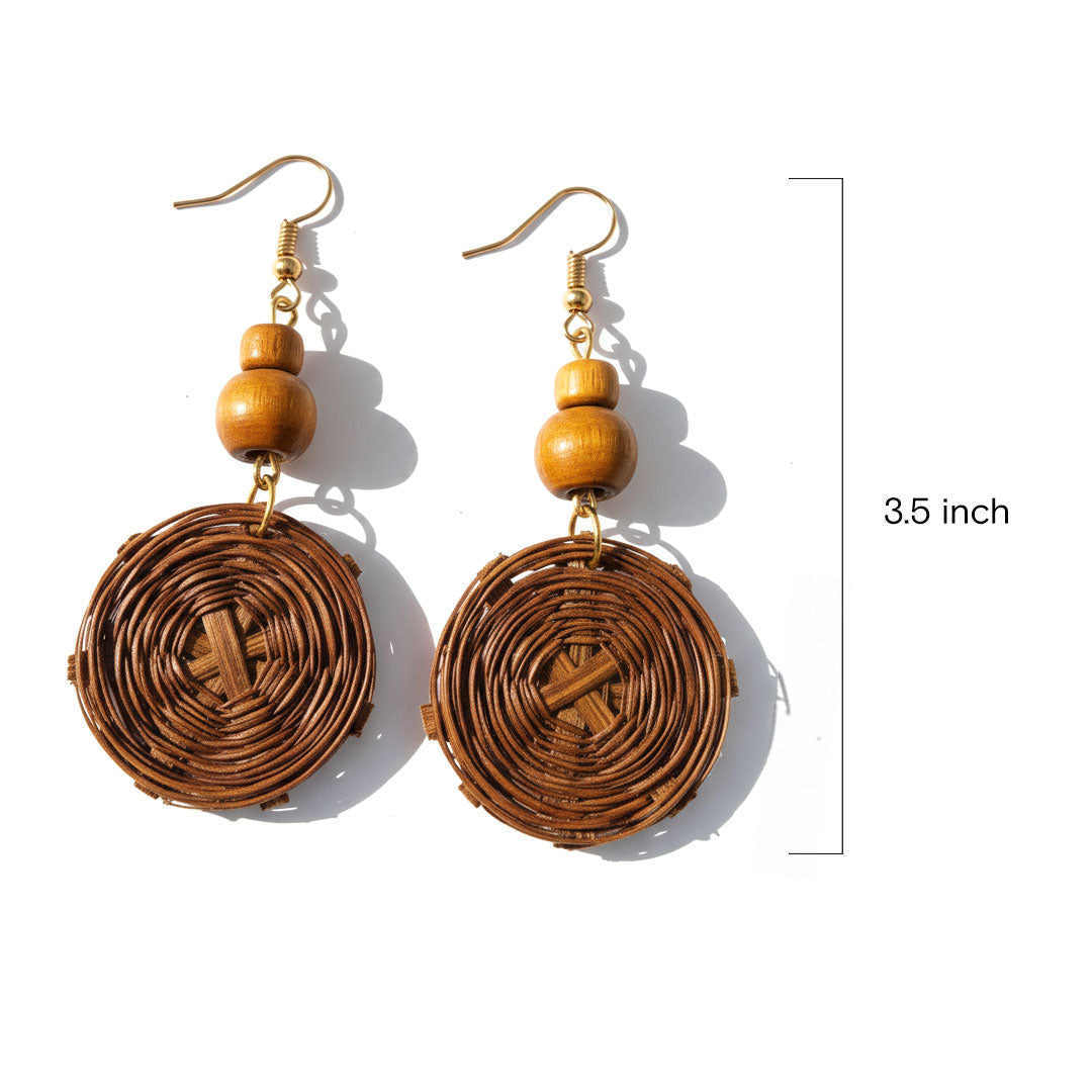 Woven Rattan and Wood Bead Circular Dangle Earrings