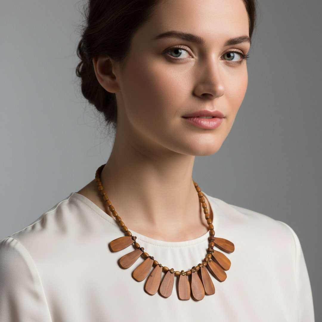 Handcrafted Wooden Paddle Bead Necklace - Earthy Boho Style