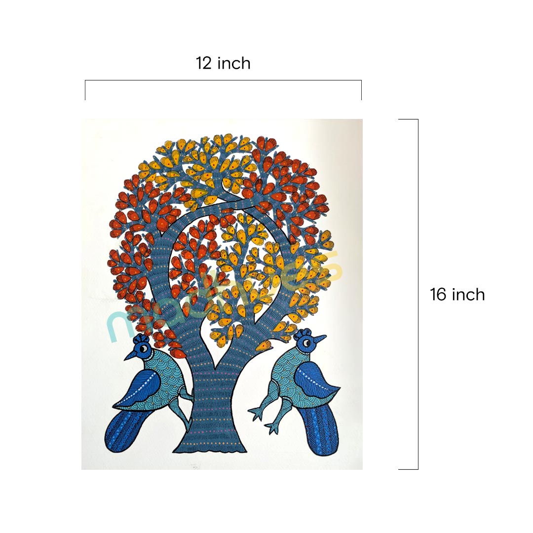 Gond Art Tree of Life & Blue Birds Handpainted Paper Painting