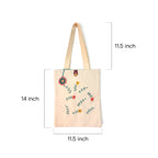 Beige canvas tote bag with floral embroidery and crochet flower decoration, 14x11.5 inches