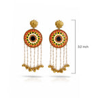 Decorative earrings with colorful design and golden chains on a white background