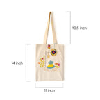 Beige tote bag with floral embroidery, yellow dress design, and beige shoulder straps, shown with dimensions