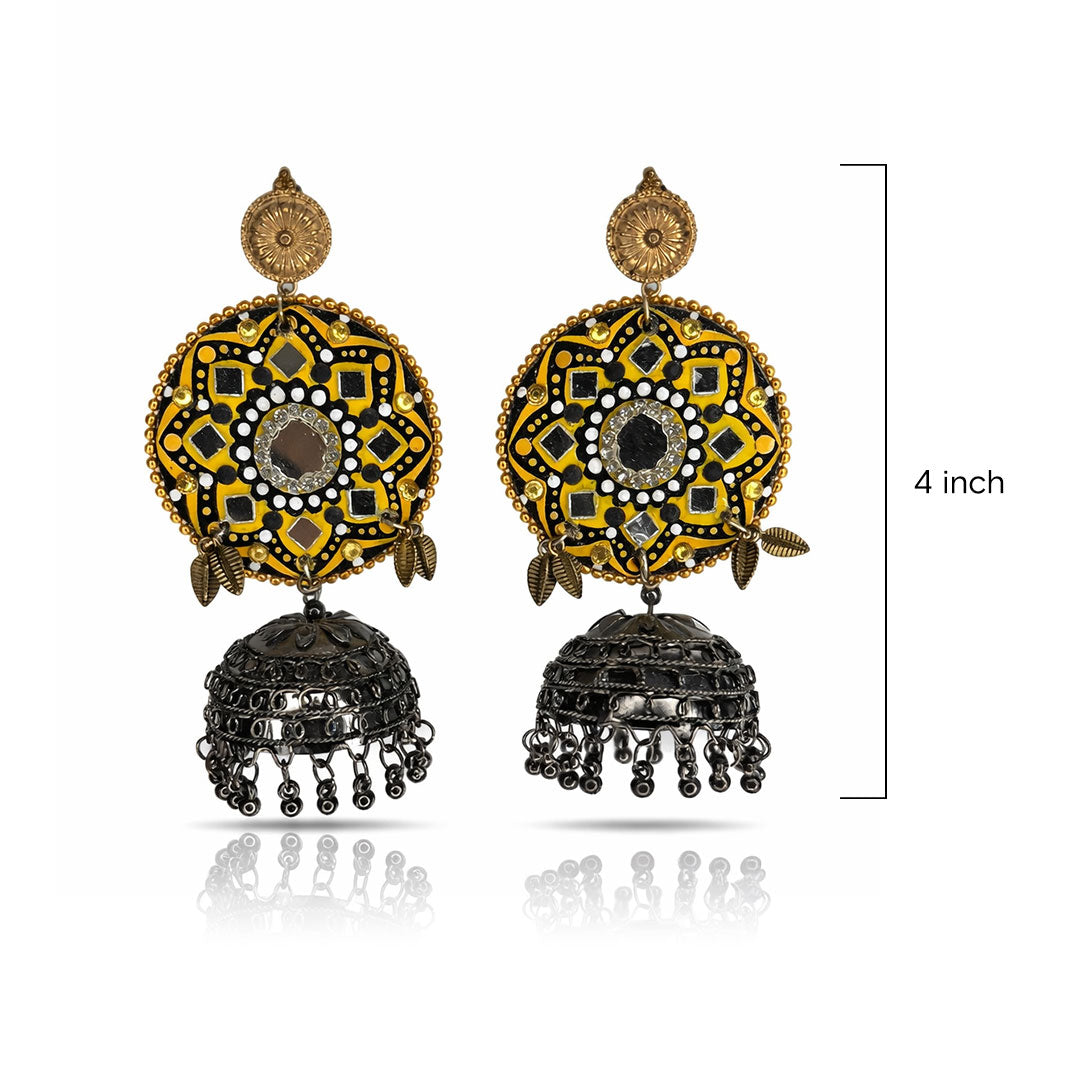Handmade Yellow Mandala Jhumka Earrings with Mirror Work