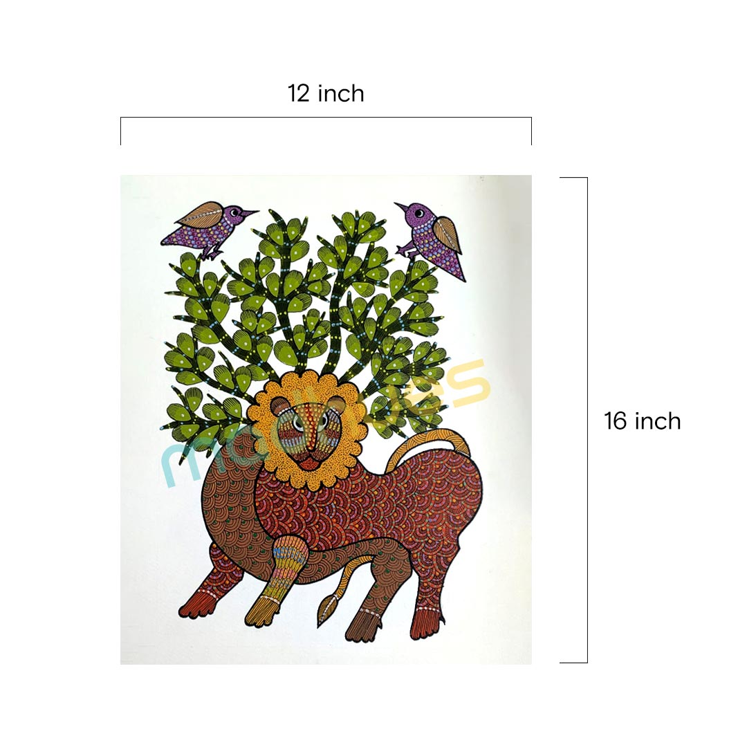 Lion and Tree Gond Art Painting - Handmade Folk Art on Paper