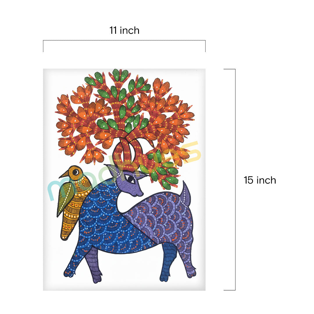 Hand-Painted Gond Art: Mythical Deer and Bird Paper Print