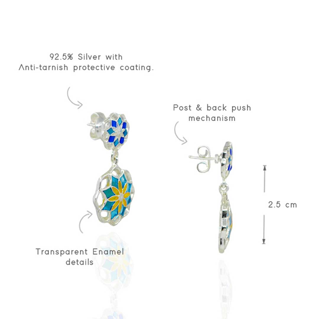 Vibrant Enamel Mandala Flower Drop Earrings in Silver