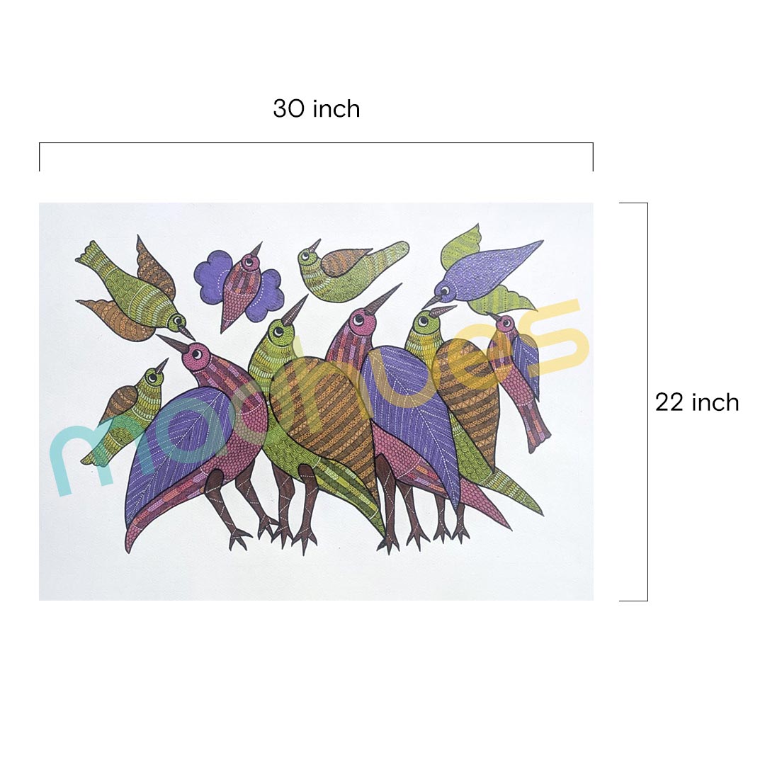 Gond Art: Vibrant Flocking Birds Hand-Painted Paper Painting