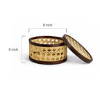Woven cylindrical container with wooden lid and dimensions labeled on a white background