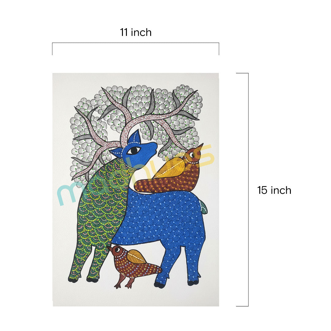 Gond Art Deer Painting on Paper - Unframed Tribal Folk Art