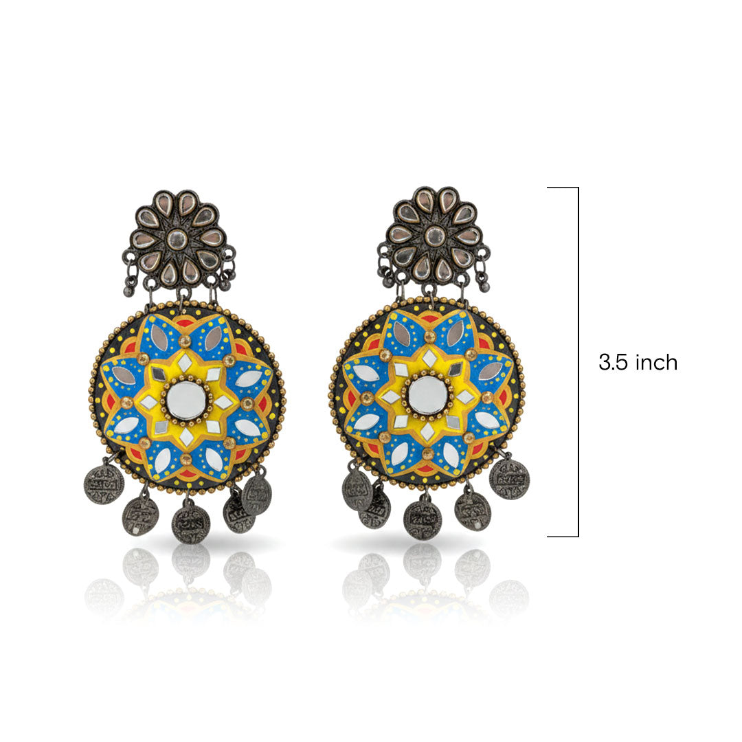 Colorful Handmade Mandala Mirror Earrings with Coin Charms