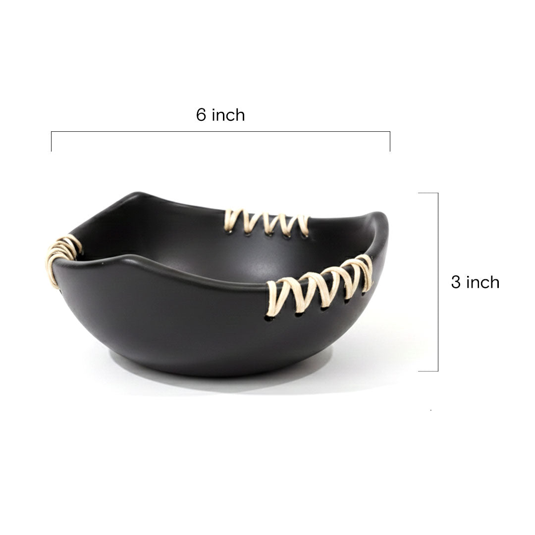 Handcrafted Longpi Black Pottery Bowl with Cane Stitching