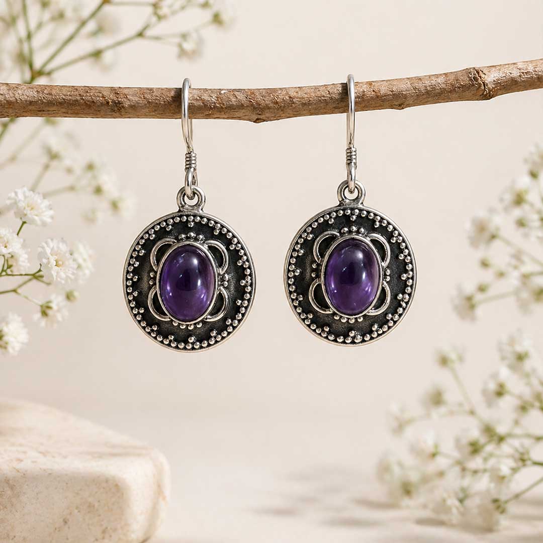 Ornate Amethyst Silver Drop Earrings in Mandala Design