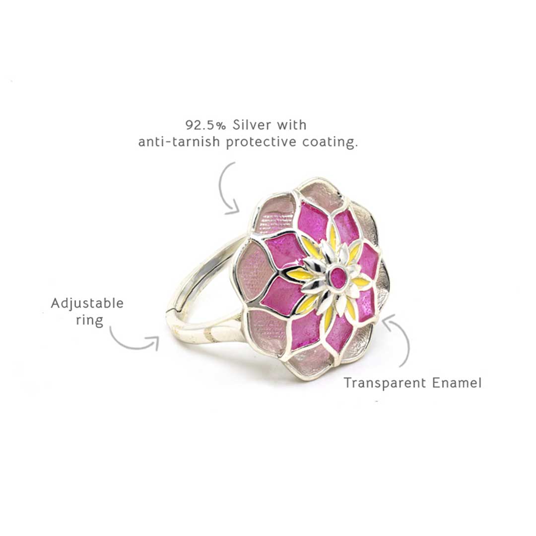 Handcrafted Pink Enamel Floral Mandala Silver Ring