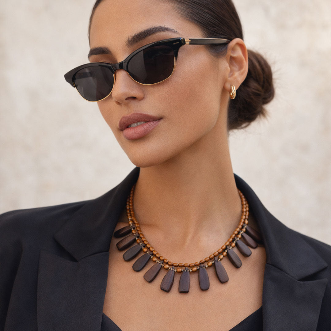 Double-Strand Wooden Bead Necklace with Paddle Charms