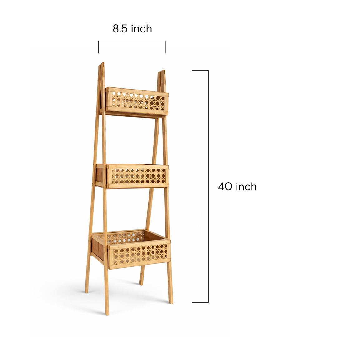 3-Tier Bamboo and Rattan Ladder Shelf Storage Unit