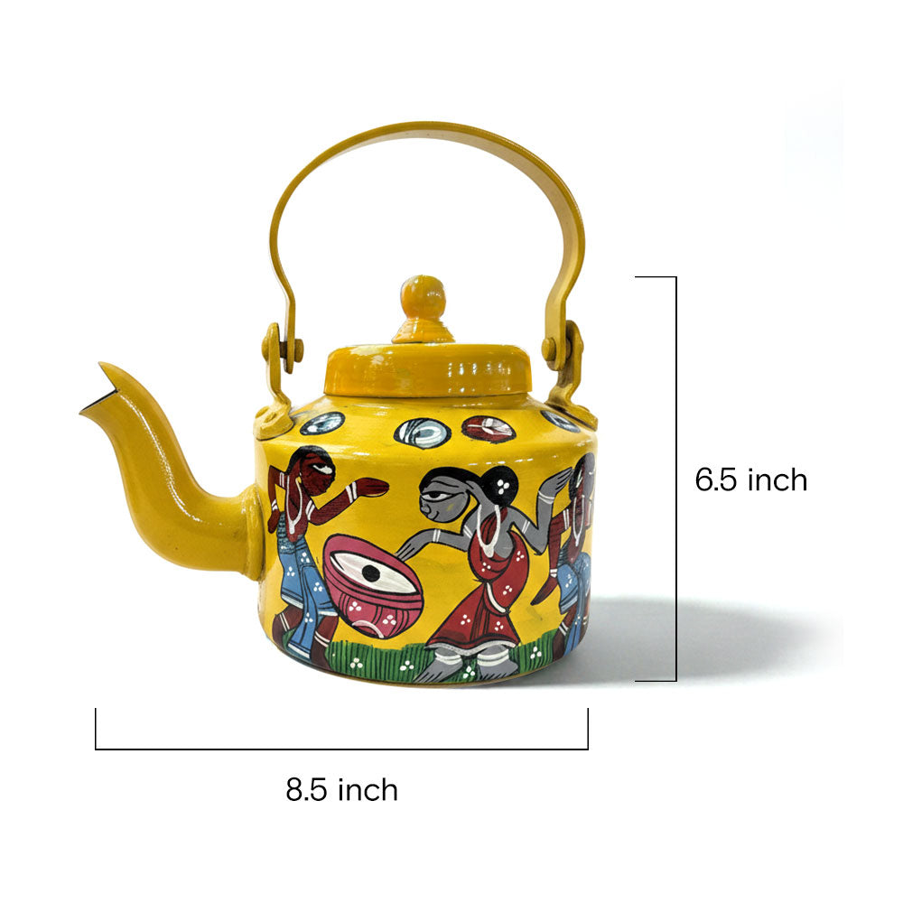 Rhythms of Bengal: Handcrafted Pattachitra Storytelling Kettle (Sun Yellow) - Madhues