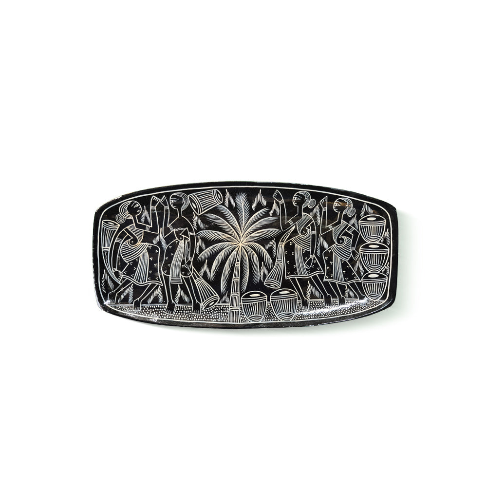 Handcrafted Pattachitra Art Decorative Tray - Black & White Folk Scene