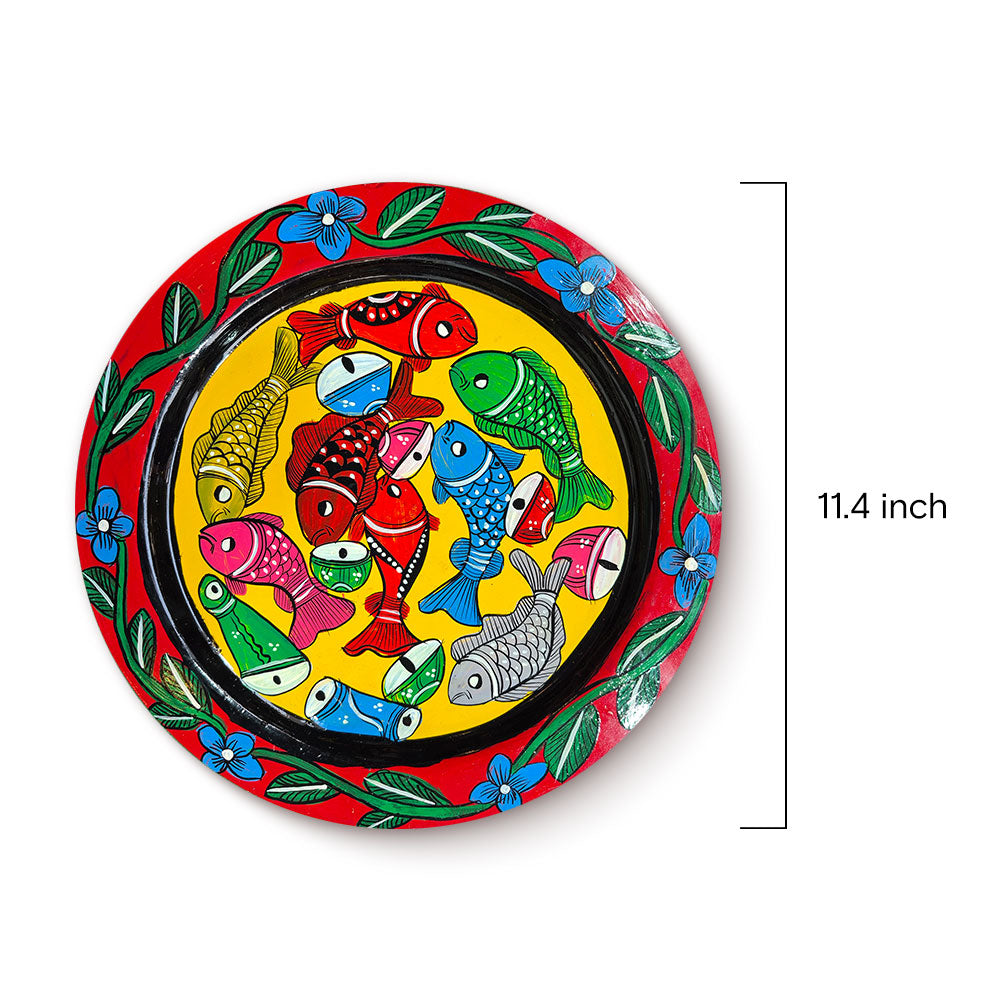 Hand-painted Bengal Pattachitra Fishes of Prosperity Wall Decor Plate - Madhues