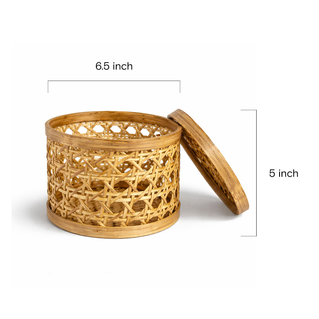 Woven bamboo container with dimensions on a white background