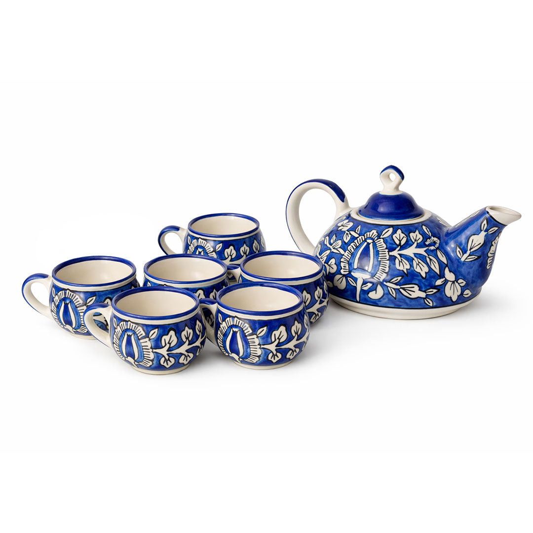 Artisanal Blue & White Ceramic Tea Set with Teapot & Cups