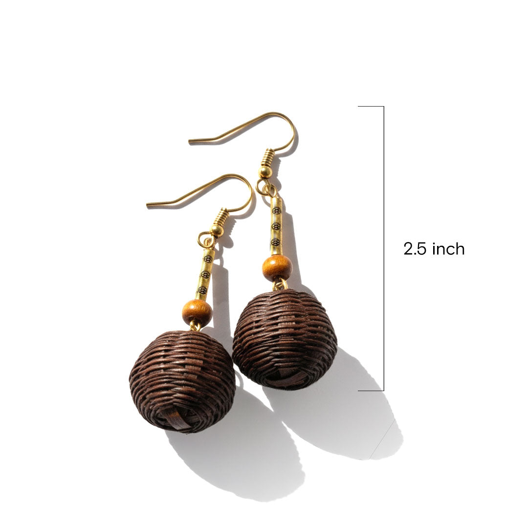 Hand-woven Dark Brown Rattan Ball Drop Earrings
