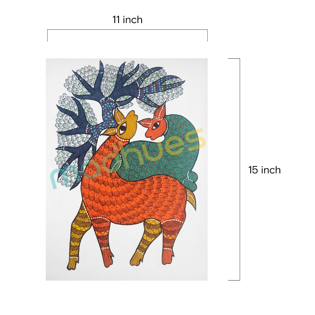 Gond Art Deer Painting on Paper - Authentic Tribal Folk Art
