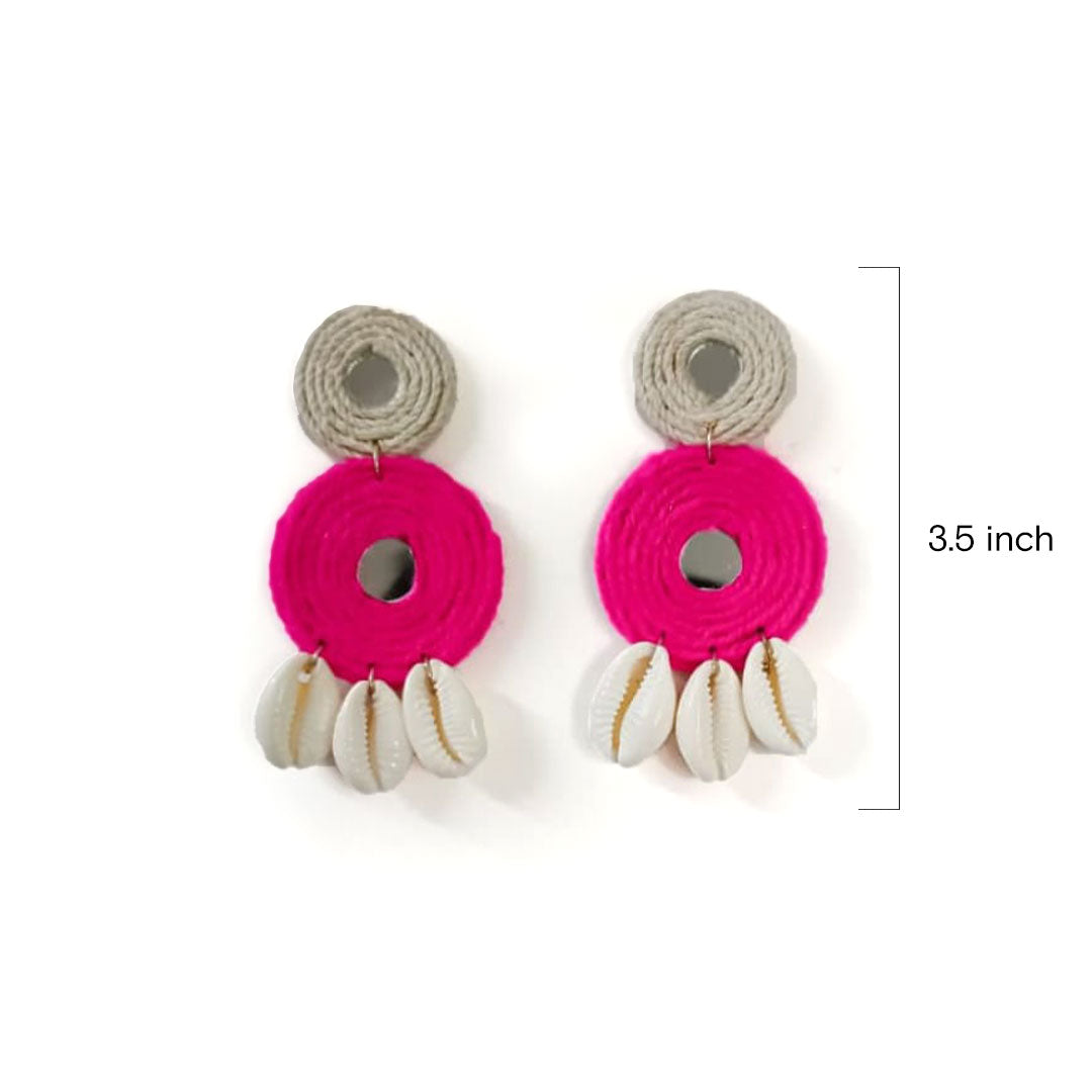 Neon Pink & Cowrie Shell Drop Earrings - Image 2
