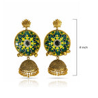 Gold and green earrings with a 4-inch measurement label on a white background
