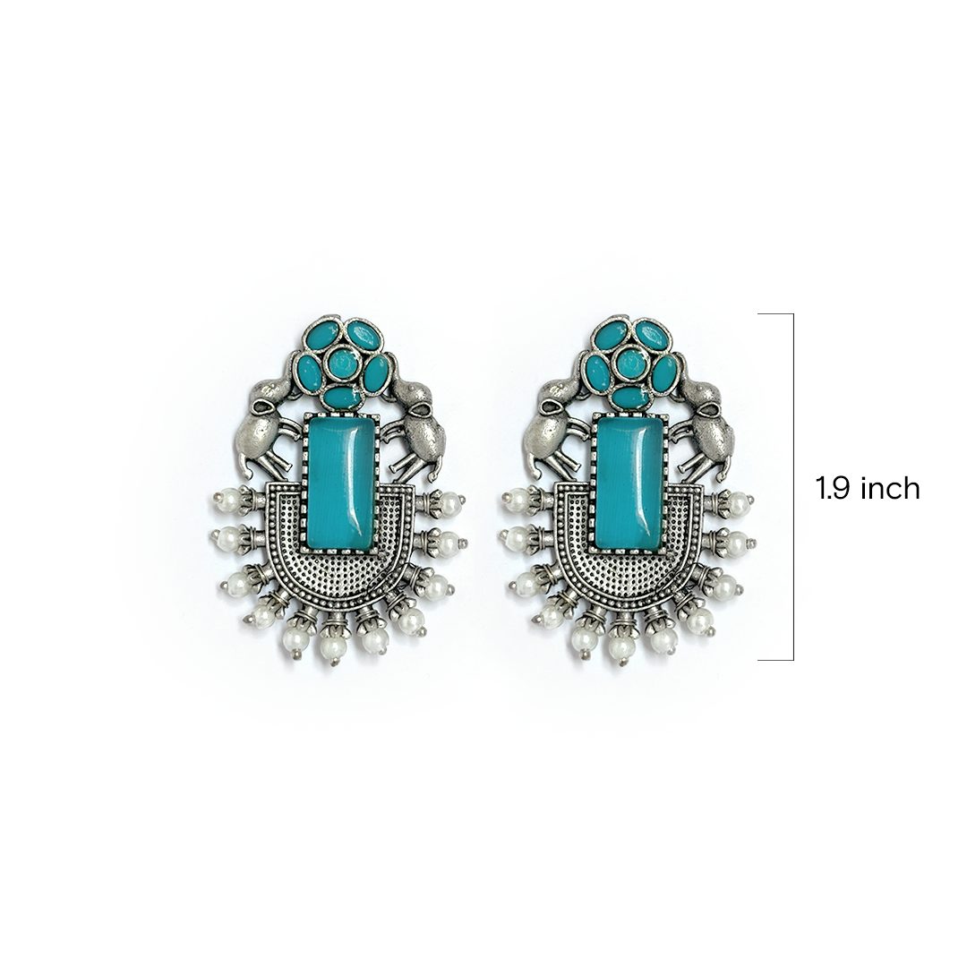 Silver Oxidized Elephant & Turquoise Earrings - Image 2