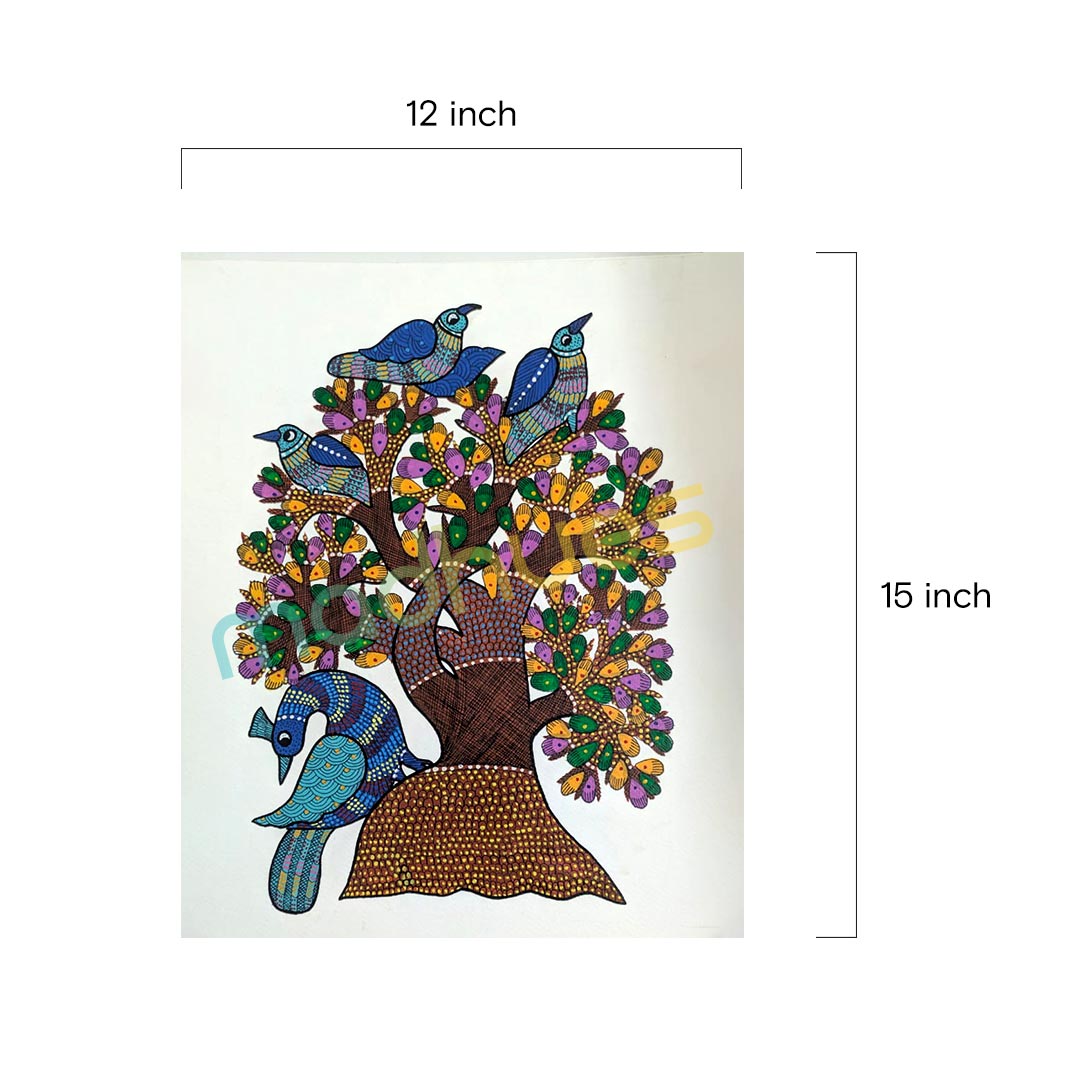 Gond Art Tree and Birds - Hand-Painted Paper Art