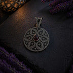 Vintage Garnet Red Mandala Pendant in Oxidized Silver