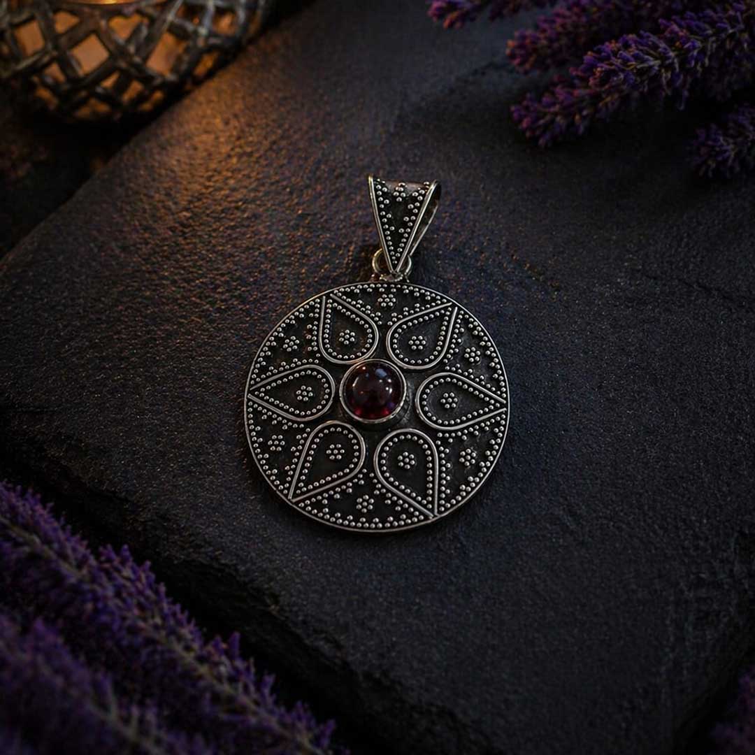 Vintage Garnet Red Mandala Pendant in Oxidized Silver
