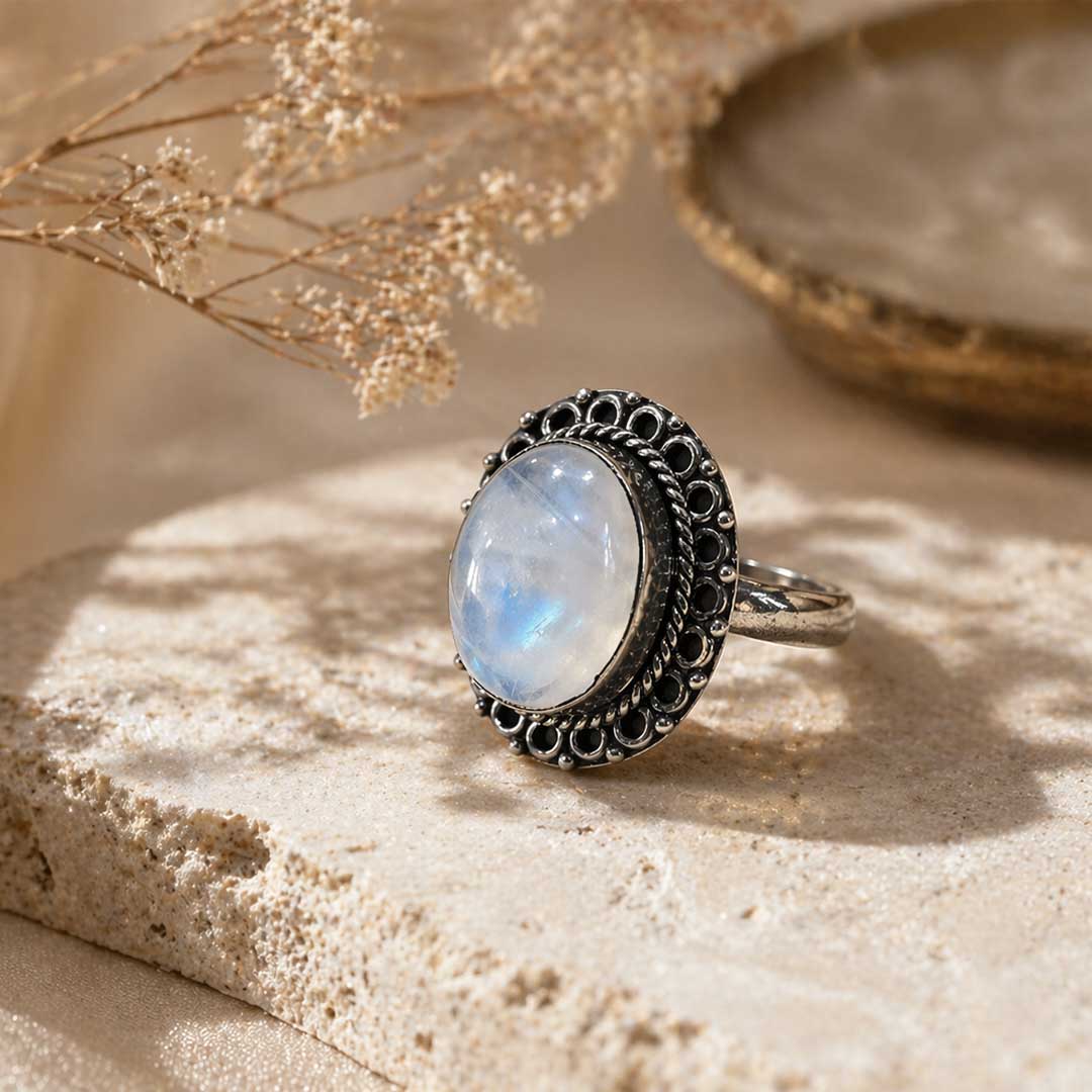 Handcrafted Moonstone Statement Ring with Ornate Silver Detailing