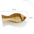 Woven fish-shaped basket with dimensions on a white background