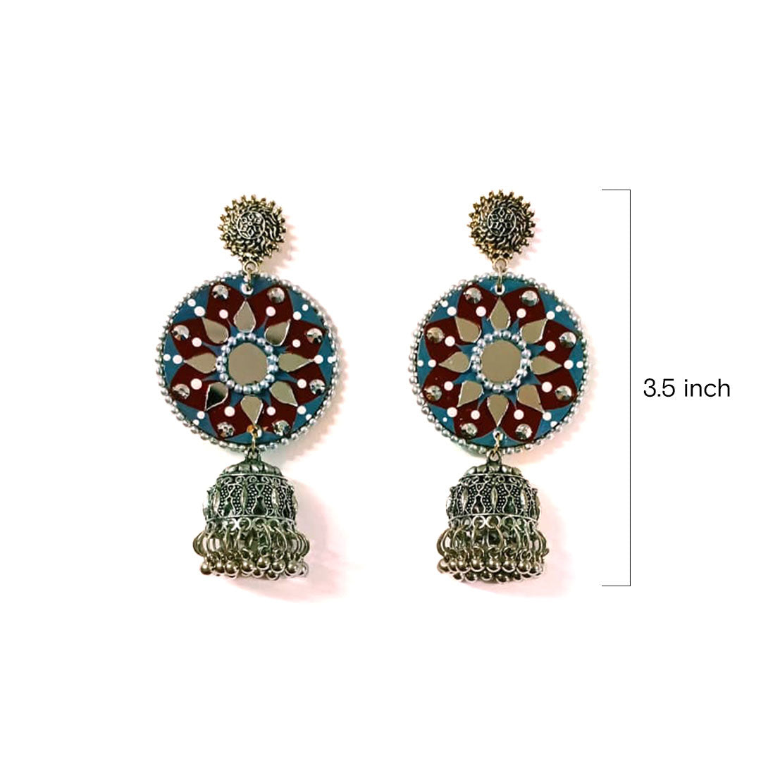 Maroon & Teal Hand-Painted Mirror Work Jhumka Earrings - Image 2