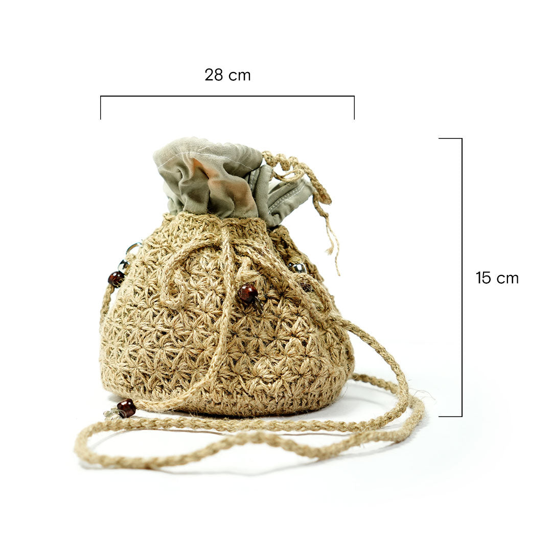 Handmade Jute Drawstring Pouch Bag with Beads