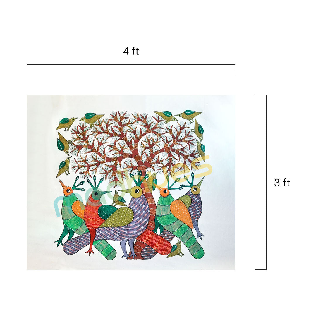 Gond Tribal Art: Colorful Birds & Tree of Life on Paper